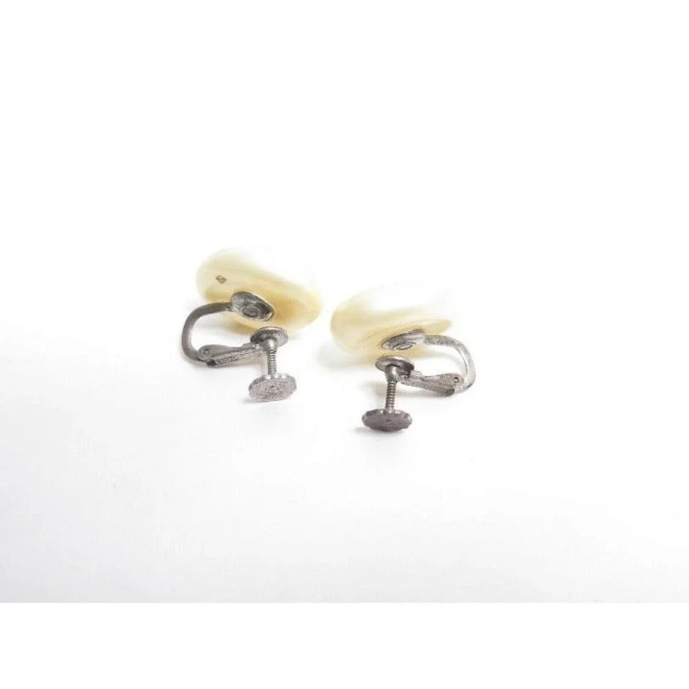Vintage Oval Faux Pearl Silver Clip Screw Tight‎ Earrings